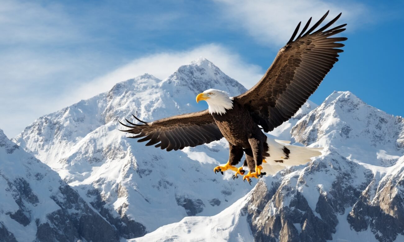 Majestic Heights: Eagle Soaring Over Snowy Peaks