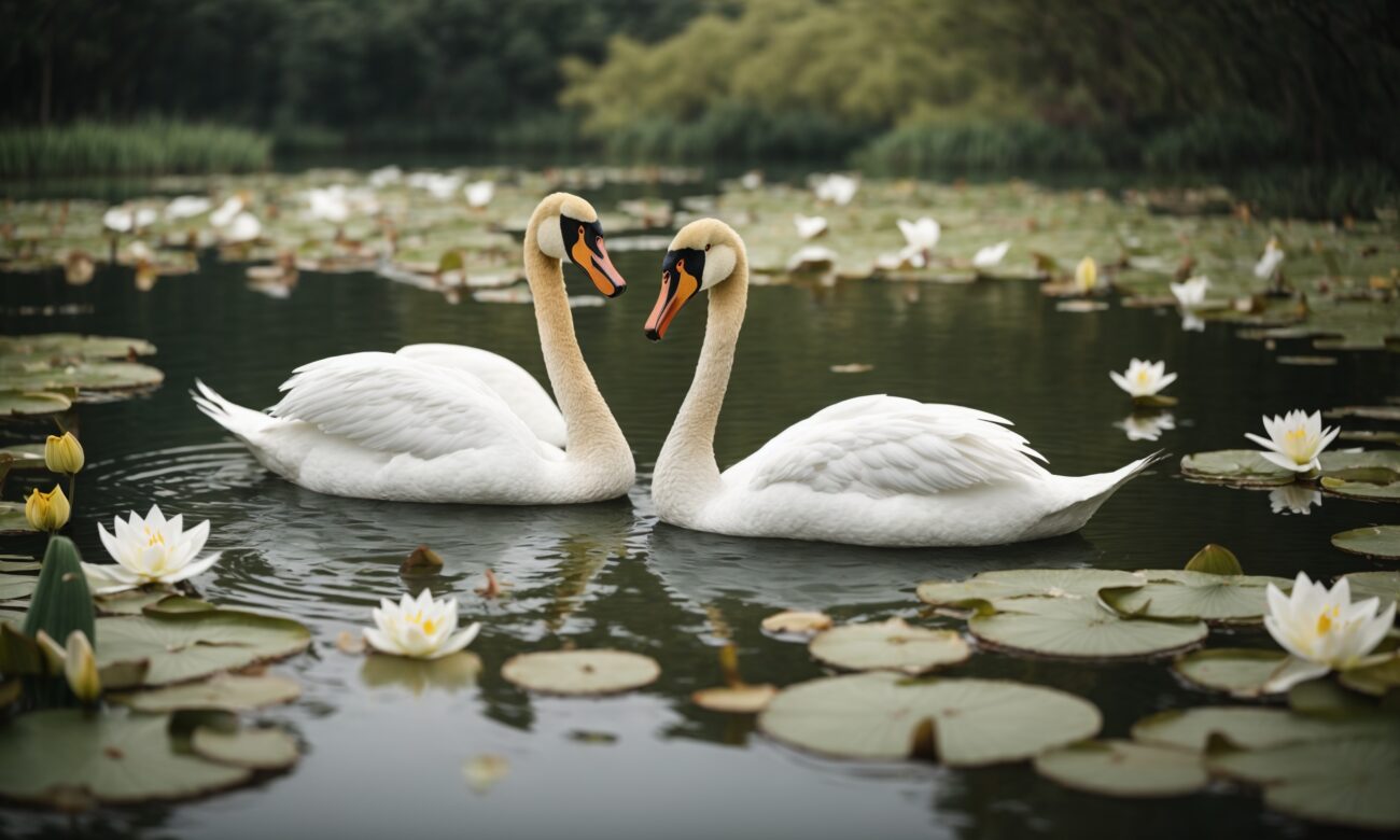 Depict a pair of swans gliding gracefully on a serene pond, surrounded by lily pads.