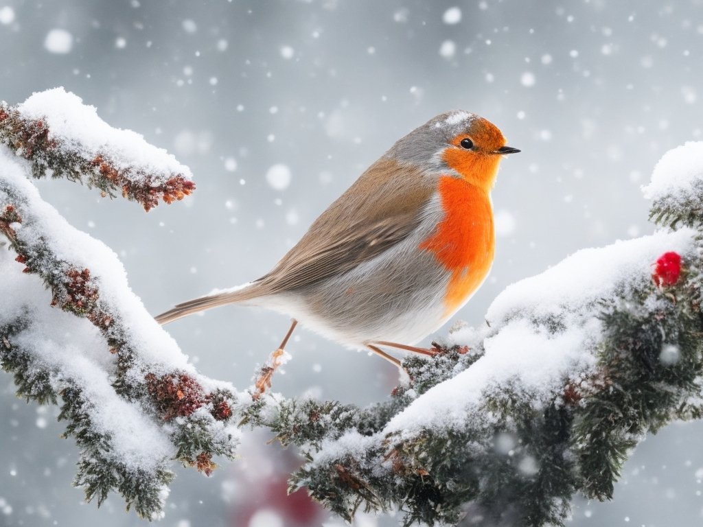 Winter’s Tranquility: Robin on Snowy Branch