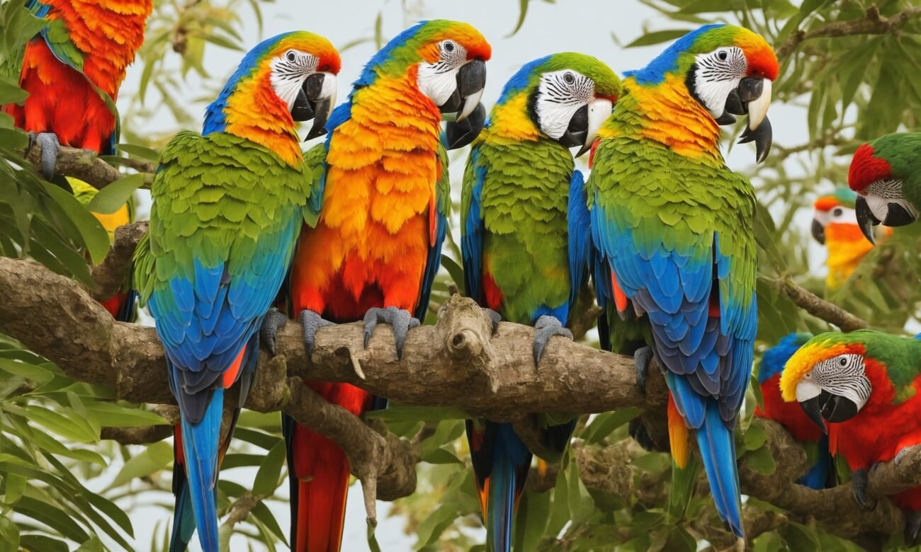 Tropical Playfulness Vibrant Parrots on Tree