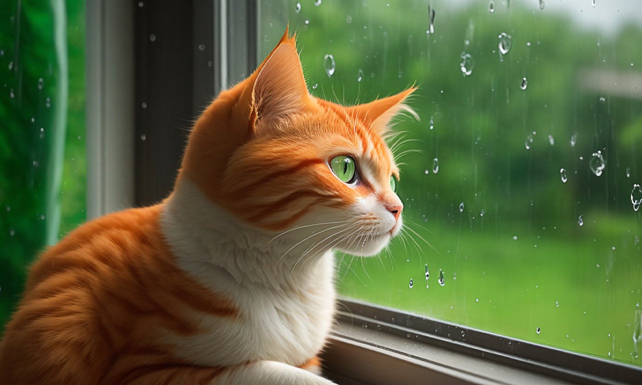 Rainy Day Watcher: Ginger Cat on Windowsill