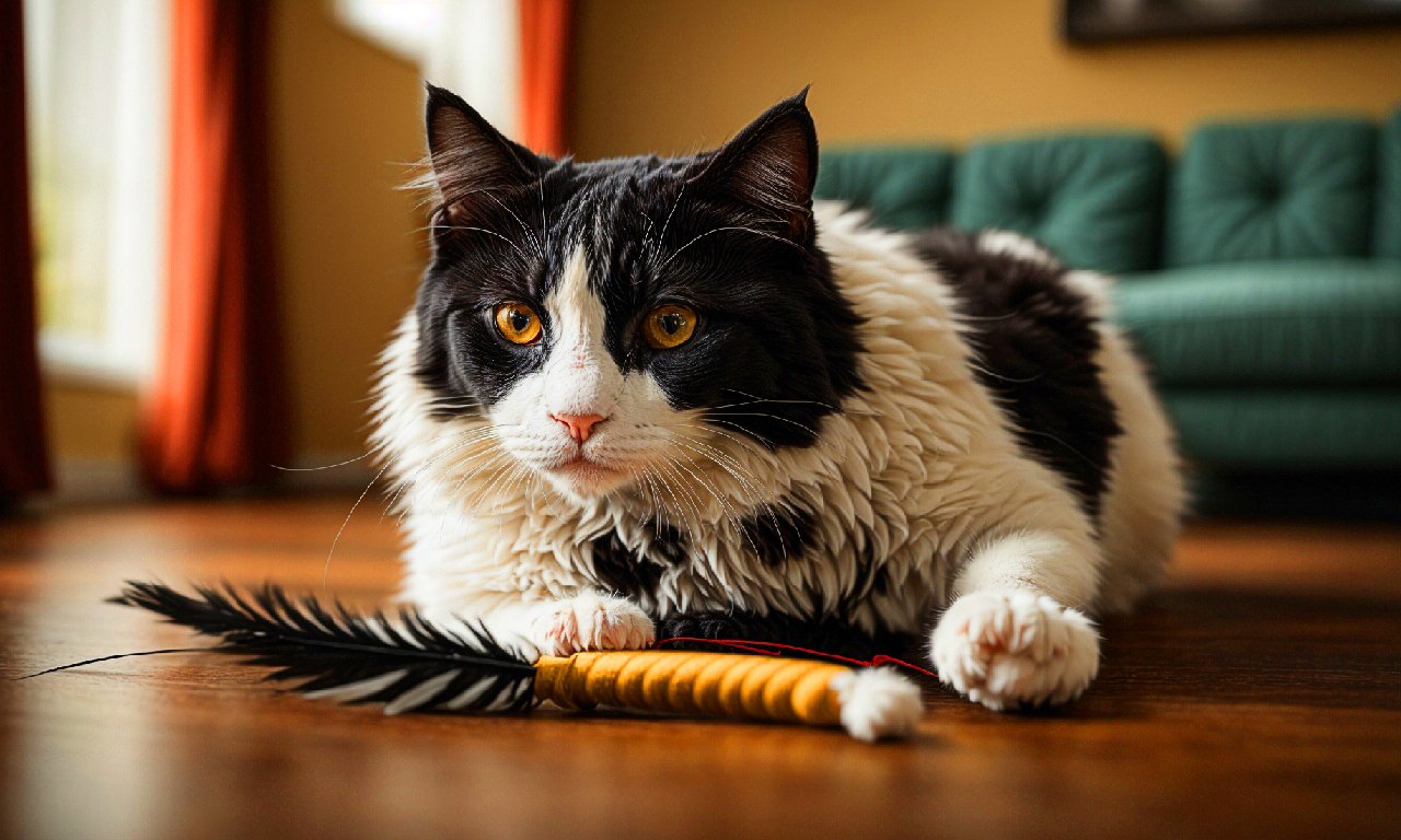 Feathered Fun: Excited Tuxedo Cat Playing