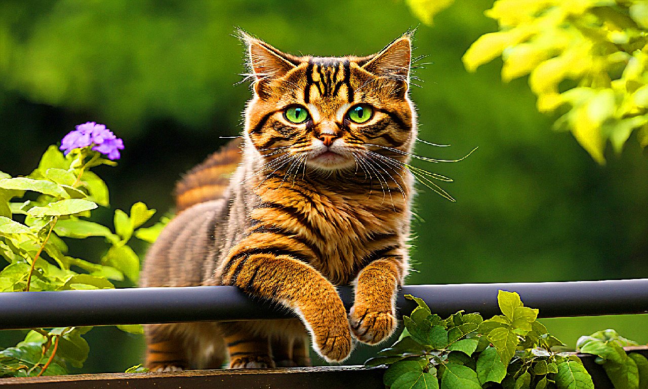 Focused Feline Balance: Tabby Cat on Garden Fence