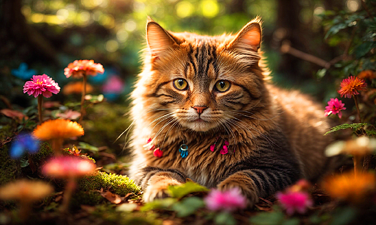 Enchanted Feline Wonderland: Cute Cat Amidst Forest Flora and Fungi