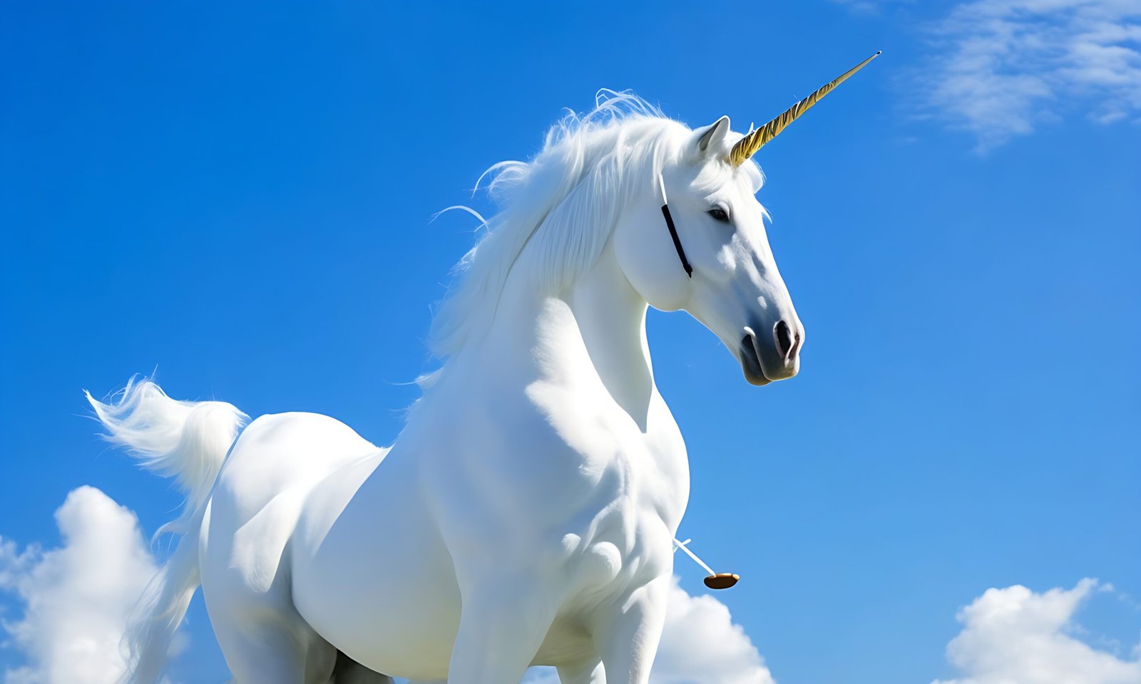 A mystical white unicorn against a blue sky