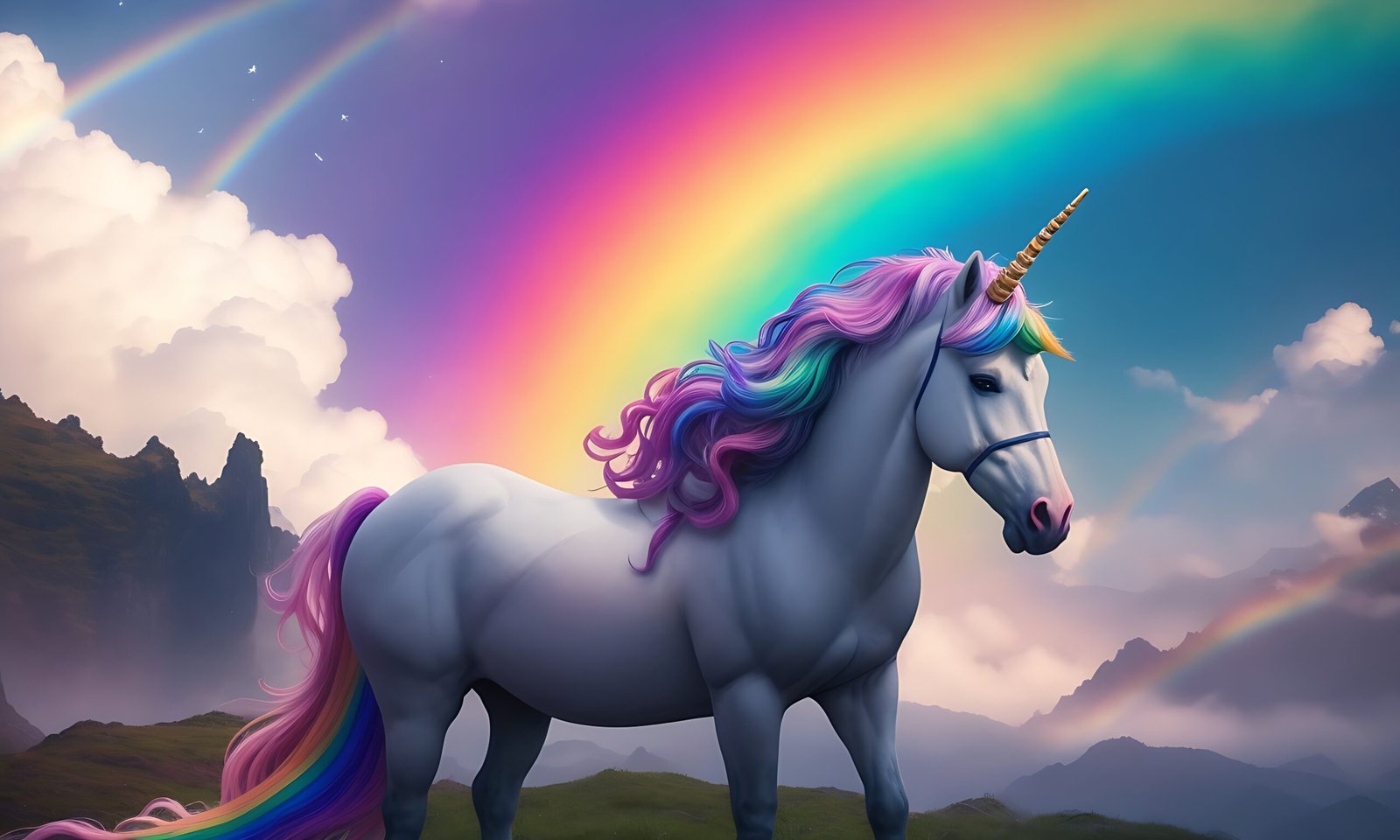 A mythical rainbow unicorn amongst a dreamlike backdrop